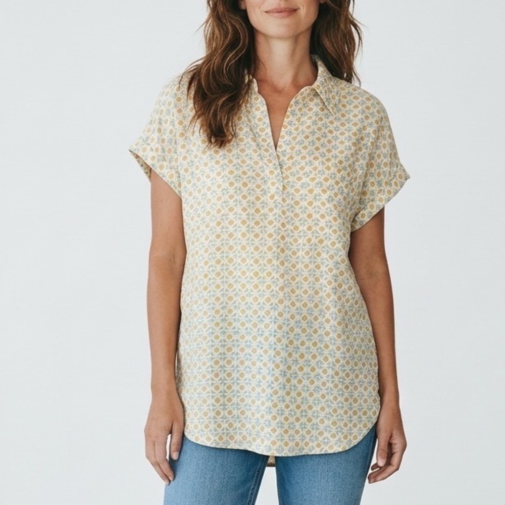 Womens Short Sleeve Split Neck Geometric Diamond Print Blouse Yellow M‎ Career